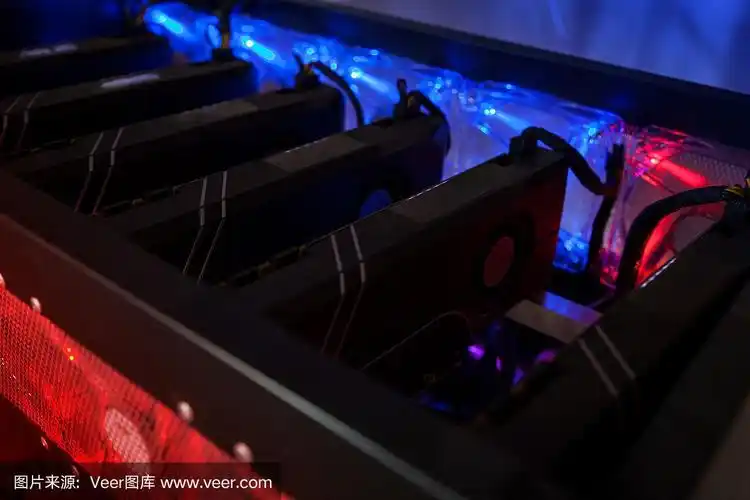 Sprawling mining farm with racks of GPU rigs operating under controlled environmental conditions