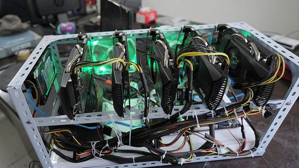 An intricate mining rig setup, illustrating the hardware essentials for boosting cryptocurrency yields